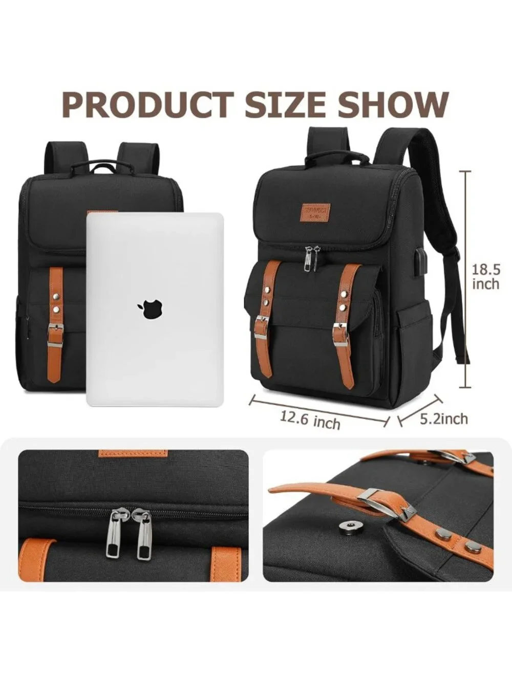 Vintage Laptop Backpack with USB Charging Port for Travel, College, Fits 15.6